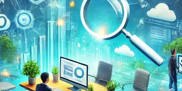 展示SEO网站优化的数字化场景，包括关键词研究、网站结构、内容创作、技术优化、链接建设和用户体验。