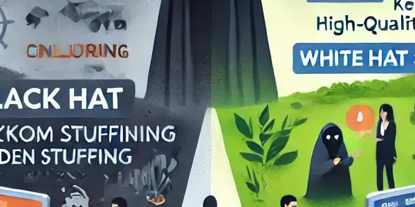 黑帽SEO与白帽SEO的对比，展示了不道德与道德实践的后果。