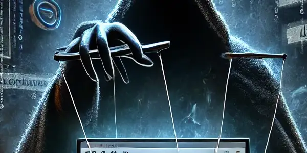 神秘人物操控电脑屏幕，暗示黑帽SEO操控搜索排名的阴暗面。