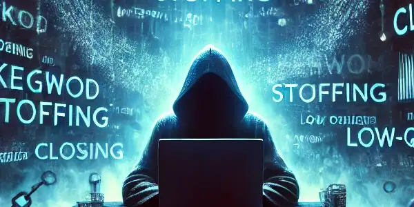 神秘人物坐在发光电脑前，周围环绕着关键词、破链和迷宫，象征黑帽SEO技术。