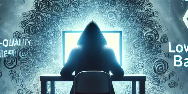 神秘人物在高科技电脑前，周围漂浮着关键词、隐藏文本和破碎链接，暗示黑帽SEO的危险。