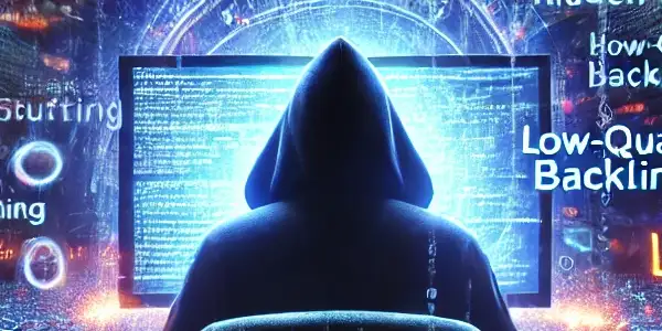 神秘人物坐在发光电脑前，周围环绕着混乱的关键词和隐藏链接，暗示黑帽SEO行为。