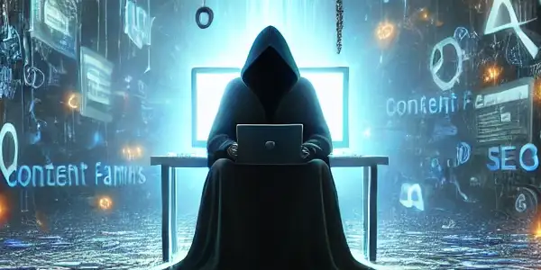 神秘人物坐在发光电脑前，周围漂浮着混乱的关键词和隐藏链接，象征黑帽SEO的欺骗手法。