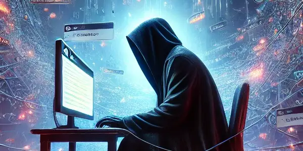 神秘的披风人物坐在发光电脑前，周围漂浮着关键词和隐藏链接。