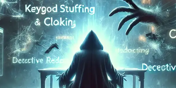 神秘人物坐在高科技电脑前，周围环绕着混乱的关键词和隐蔽链接，暗示黑帽SEO的危险。