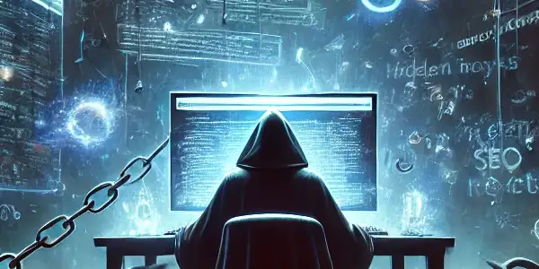 神秘人物在高科技电脑前操控，周围漂浮着关键词和隐藏链接，象征黑帽SEO的欺骗与风险。
