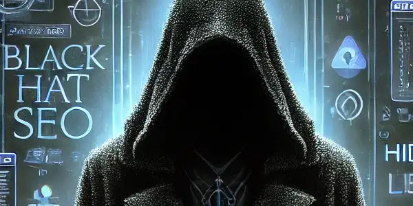 神秘人物在黑暗中注视高科技电脑，周围漂浮着关键词和隐秘链接。