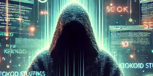 神秘的身影坐在高科技电脑前，周围漂浮着混乱的关键词和隐藏链接。