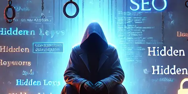 神秘身影坐在高科技电脑前，周围漂浮着混乱的关键词和隐藏链接。