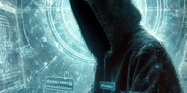 神秘人物穿着黑色斗篷，坐在高科技电脑前，周围漂浮着混乱的关键词和网络元素。