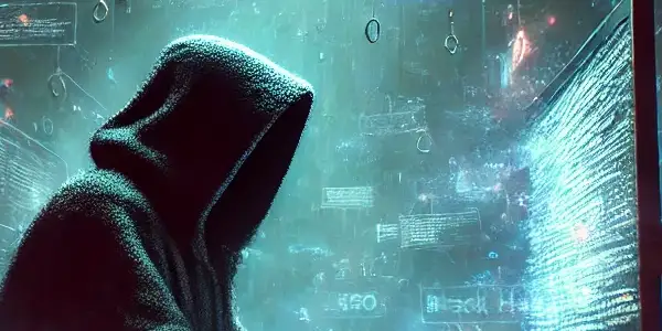 一位身着黑袍的神秘人物坐在高科技电脑前，周围漂浮着关键词和链接，营造出紧张氛围。