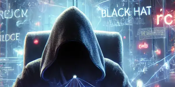 一位神秘人物在昏暗房间内操作高科技电脑，周围漂浮着混乱的关键词和隐秘链接。