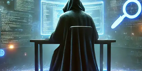 神秘人物在昏暗房间操作高科技电脑，周围环绕混乱关键词和隐藏链接。