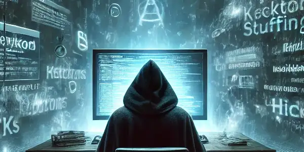 神秘人物在昏暗房间内操作高科技电脑，周围漂浮着混乱的关键词和隐藏链接。