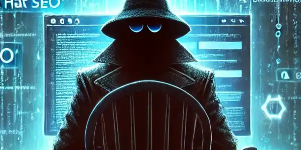 神秘身影坐在高科技电脑前，周围漂浮着混乱的关键词和隐藏链接。