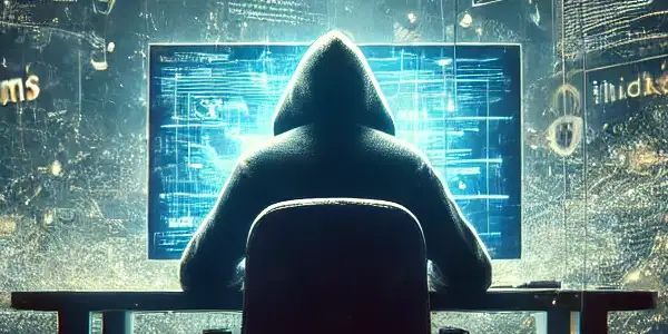 神秘人物在昏暗房间内使用高科技电脑，周围漂浮关键词和隐藏链接。