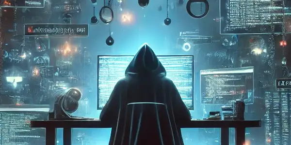 黑暗房间中的神秘人物，周围环绕着浮动的关键词和代码，象征黑帽SEO的欺骗与风险。