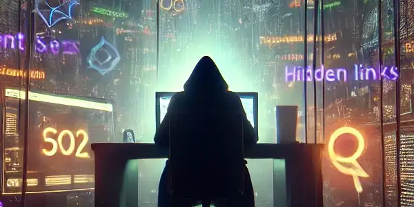 一个神秘的身影坐在高科技电脑前，周围环绕着混乱的关键词和代码。