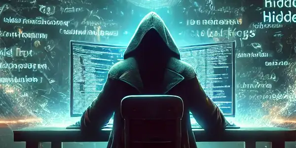 神秘人物坐在未来电脑前，周围漂浮着混乱的关键词和隐藏链接。