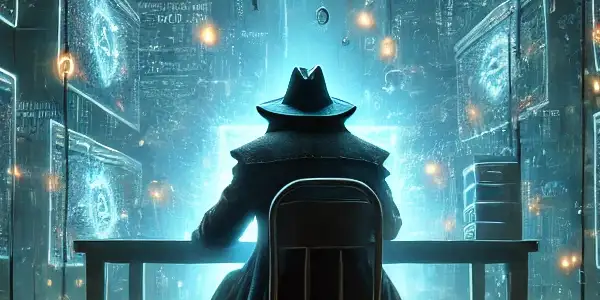 神秘身影坐在高科技房间，周围漂浮着混乱的关键词和隐藏链接。