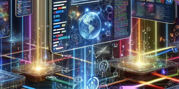 多个互联网站组成的未来数字生态系统，展示SEO站群的概念。