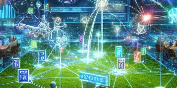 现代数字营销办公室，团队协作，展示网站流量和关键字排名的图表与网络连接。