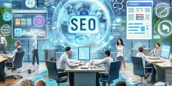 现代办公室内，专业团队协作进行SEO策略，互动屏幕展示数据分析与关键词云。