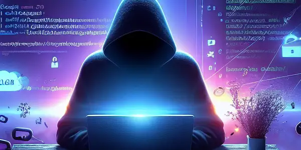 黑暗数字景观中，隐蔽的SEO黑帽技术与风险并存，带有警示符号。