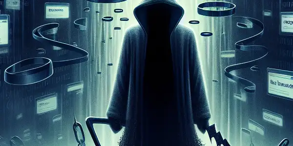 黑暗数字环境中的黑帽SEO操作者，周围是数据流和链条，象征风险与惩罚。