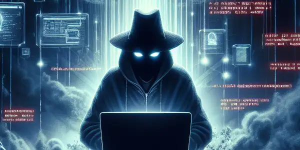 黑暗SEO实践的隐秘场景，黑帽SEO从业者坐在电脑前，数据流与警告符号环绕。