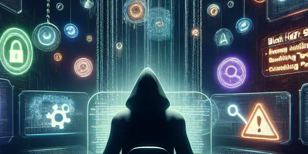 黑暗房间中的神秘人物，专注于操控SEO算法，周围浮现警告符号和数据流。