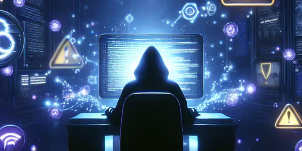 一个黑帽SEO从业者在阴暗房间中操控算法，周围浮现警告符号和黑帽策略。