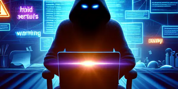 神秘人物坐在昏暗杂乱的房间，专注于充满复杂算法的电脑屏幕。