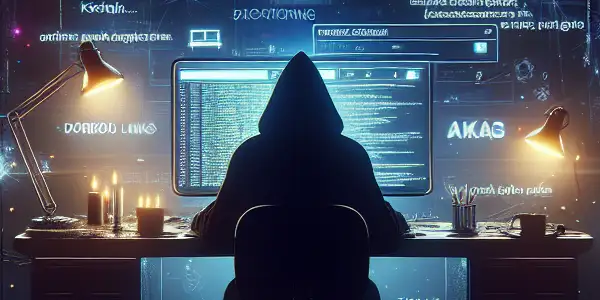 黑暗房间中，神秘身影专注于电脑屏幕，周围布满黑帽SEO符号和混乱文件。