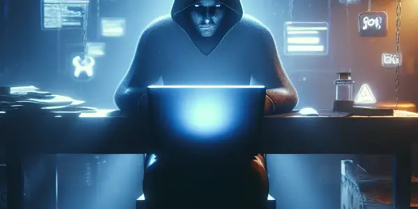 神秘人物坐在昏暗杂乱的房间，专注于发光的电脑屏幕，周围充满黑帽SEO象征。