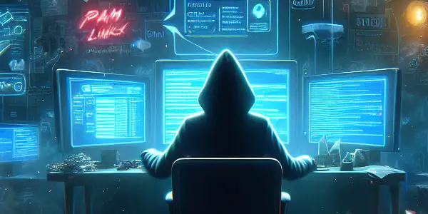 一个神秘人物在昏暗房间内专注于显示复杂算法的电脑屏幕，周围散落着与黑帽SEO相关的物品。