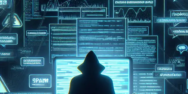 一个神秘的房间里，阴影人物专注于发光的电脑屏幕，周围是黑帽SEO符号和警告标志。