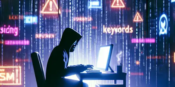 阴暗房间里，神秘人物专注于发光电脑屏幕，周围布满黑帽SEO符号。