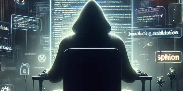 一个神秘的身影坐在昏暗的房间里，专注于显示复杂算法的发光电脑屏幕。