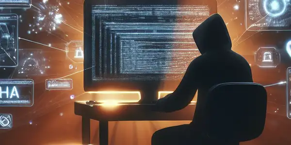 一个神秘人物坐在昏暗杂乱的房间，专注于发光的电脑屏幕。