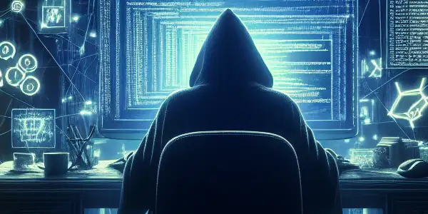 神秘人物坐在昏暗房间的杂乱桌子前，专注于发光的电脑屏幕。