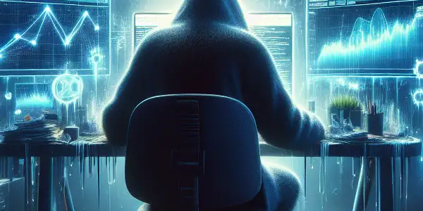 阴暗房间内，影子人物专注于发光电脑屏幕，周围漂浮黑帽SEO符号。