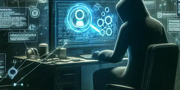 一个神秘人物在昏暗房间内专注于发光电脑屏幕，周围漂浮着黑帽SEO符号。