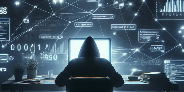 神秘人物坐在昏暗房间的杂乱桌子前，专注于发光的电脑屏幕，周围漂浮着黑帽SEO符号。