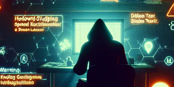 一个神秘的身影坐在昏暗的房间里，专注于发光的电脑屏幕，周围漂浮着黑帽SEO的符号。