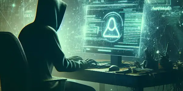 一位身着暗色衣物的身影坐在杂乱的桌子前，专注于发光的电脑屏幕。