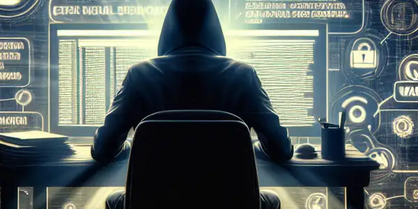 一个神秘人物坐在昏暗杂乱的房间，专注于发光的电脑屏幕，周围有黑帽SEO符号和警告标志。