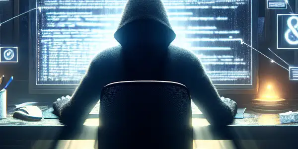 一个神秘人物坐在昏暗杂乱的房间里，专注于发光的电脑屏幕。