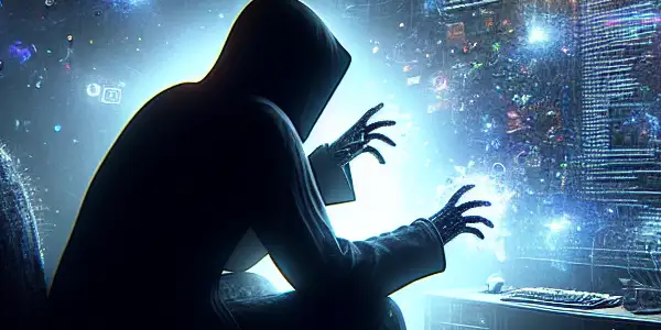 神秘人物坐在昏暗杂乱的房间，专注于发光的电脑屏幕，周围充满数字混乱。