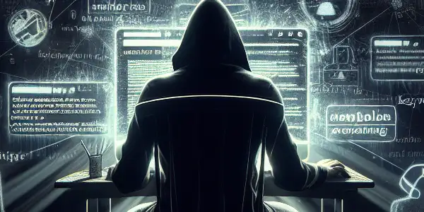 一个神秘人物坐在昏暗的房间里，专注于发光的电脑屏幕，周围充满黑帽SEO符号。